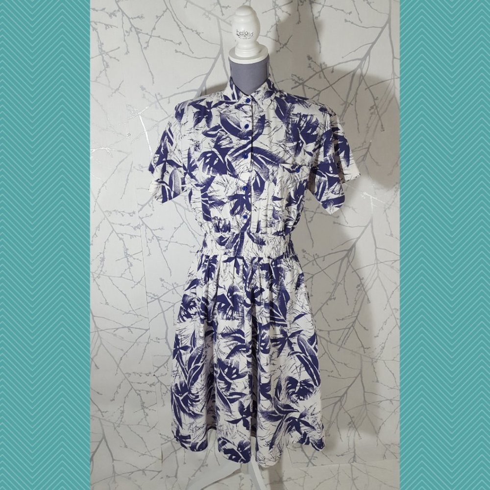 Jandabar VTG Abstract Leaves Printed A-Line Midi Prairie Dress